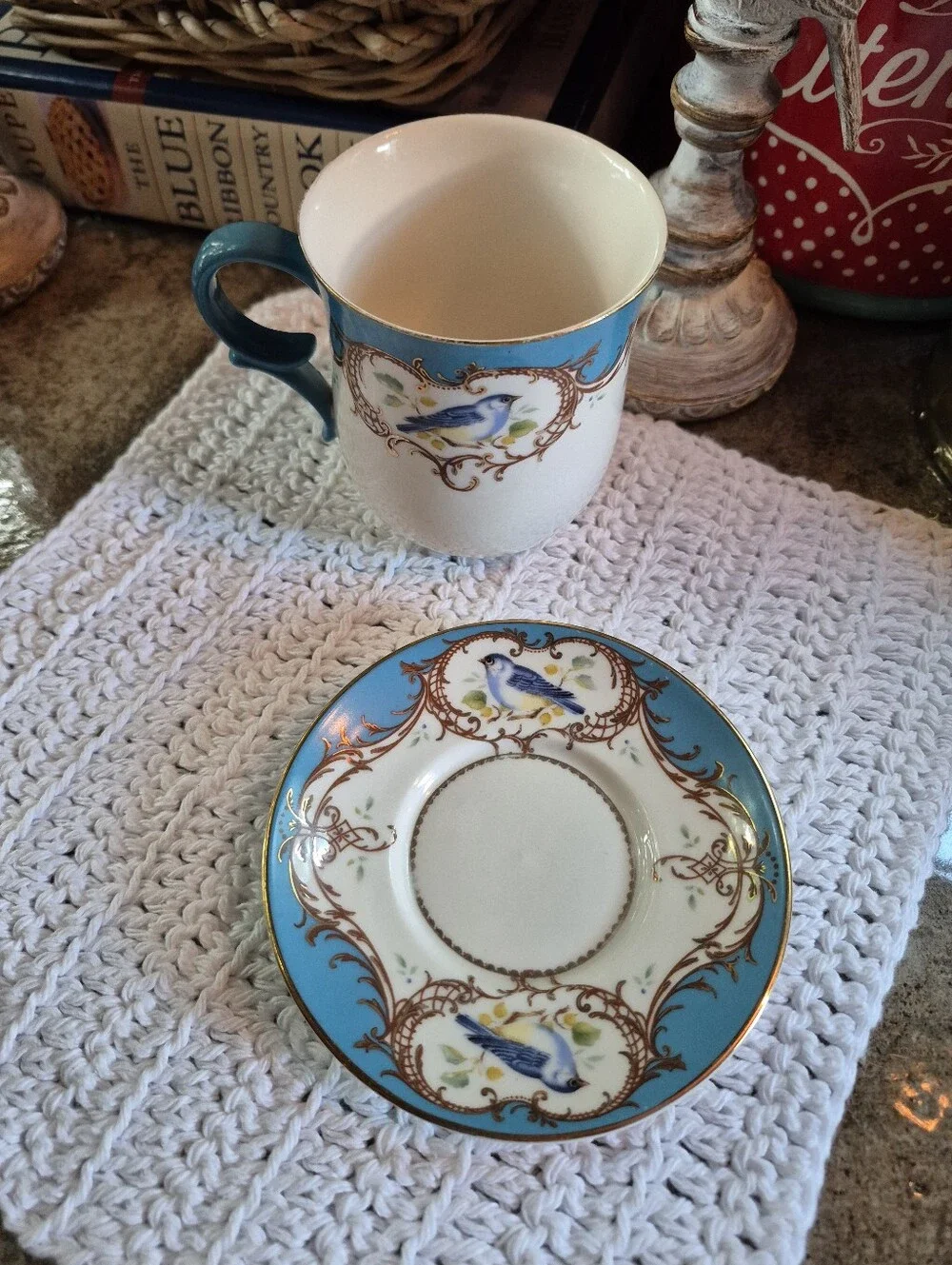 Vtg Gracie China Coastline Imports Teacup & Saucer Gold Scroll Blue Bird Pattern